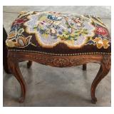 CARVED VANITY SEAT WITH NEEDLE POINT TOP CARVED VANITY SEAT WITH NEEDLE POINT TOP