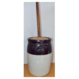 BROWN/WHITE STONEWARE CROCK BUTTER CHURN