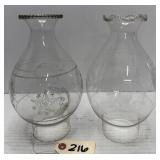 (2) Antique Big Bulge Lamp Chimneys - Owls, Moon