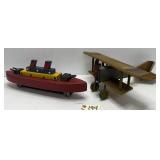 (2) Vintage Wood Toys - Airplane & Battleship