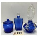 (3) Cobalt Glass Vanity Items - Fenton Perfume