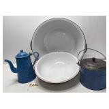 4pcs Enamelware - Basins, Coffee Pot, Lidded Pail