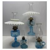 (4) Blue Glass Kerosene Lamps - Petticoat Shades
