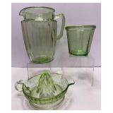 3pcs Green Uranium Glass - Juicer, Pitcher +