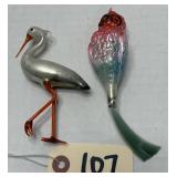 (2) Blown Mercury Glass Ornaments - Owl & Stork