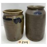 (2) Salt Glaze Stoneware Canisters w/ Cobalt Paint