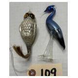 (2) Blown Mercury Glass Ornaments - Owl & Heron