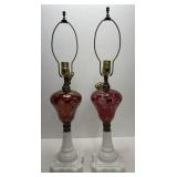 (2) Cranberry Glass Lamps w/ Milk Glass Bases