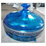 BLUE GLASS COVERED CANDY DISH