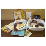 Assorted books, paw aptrol basket & More