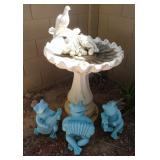 white bird bath & 3 blue frogs