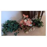 (3) Brass Flower Pots w/ Floral & Greenery