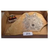 Wolf Hand Painted on Slab of Stone + Small Vase