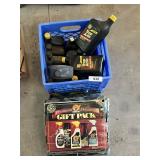 Milk Crate w/ Assorted Motor Oils + Other Fluids