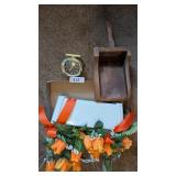Artificial Floral, Wind-Up Clock & Wood Scoop