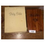 (2) Bibles, Wooden Bible Case + Attache Bag &