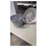 Galvanized Bucket, Easel & Decorative Plate