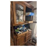Oak Hutch w/ Mirrored Back & Glass Shelves on Top