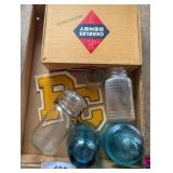 Vintage Glass Jars, Glass Insulators, Cigar Box &