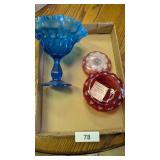 Fenton Blue Thumbprint Compote w/ Ruffled Edge &
