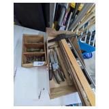 Levels, T Square, Cutters, Small Wooden Box &