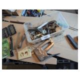 Plastic Bin w/ Stapler, Bits, Prybar, Saw Blades &