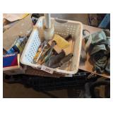 Plastic Bin w/ Brushes, Army Bag, Rags & Other