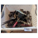 Plastic Bin w/ (2) Pipe Wrenches, Clamps & Other