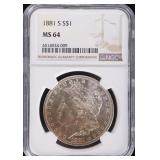 NGC MS64 1881 FINE SILVER US DOLLAR