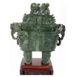 ANTIQUE CHINESE SPINACH JADE CARVED INCENSE BURNER