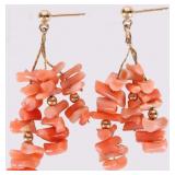 14K YELLOW GOLD LADIES DANGLE CORAL EARRINGS