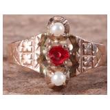 ANTIQUE 1920'S 10K GOLD RING W/ RUBY & PEARLS