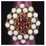 14K YELLOW GOLD LADIES RING W/ OPAL & GARNET GEMS