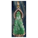 18K YELLOW GOLD GREEN JADE BUDDHA CZ PENDANT