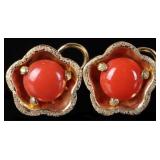 18K YELLOW GOLD LADIES FLOWER EARRINGS W/ JASPER