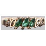 14K MARQUISE CUT EMERALD THREE STONE LADIES RING