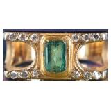 18K/14K YELLOW GOLD EMERALD & DIAMOND LADIES RING