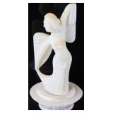WHITE JADE CARVED STATUE OF AN ANGEL ON A PEDESTAL