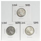 1938 1939 1940 25c Canada Silver