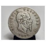 1874 Italy Milan Silver 5 Lire Vittorio Emmanuel I