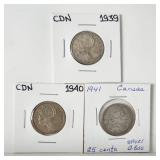 1939 1940 1941 25c Canada Silver