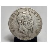 1874 Italy Milan Silver 5 Lire Vittorio Emmanuel I