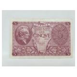 1944 WW2 Italy 5 Lire Banknote