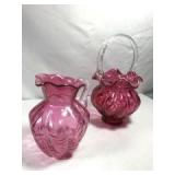 Cranberry Art Glass w Ribbon Handles