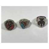 Sterling Rings (3) Coral, Turquoise & Southwestern