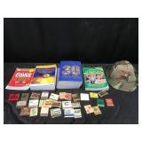 Books, matchbooks, hat