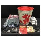 Trash can ,a blanket, cookie cutters, flip