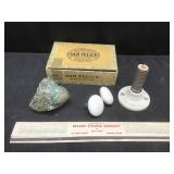 Cigar box, rock, matches & misc