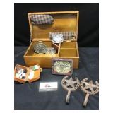 Wood Box w/ Belt Buckles & Misc