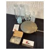 Miscellaneous glass bottles, metal pan, metal